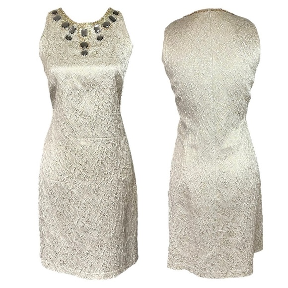 Maggy London Metallic Gold and Cream Jacquard Weave Embellished Shift Dress sz 6 - Picture 14 of 15
